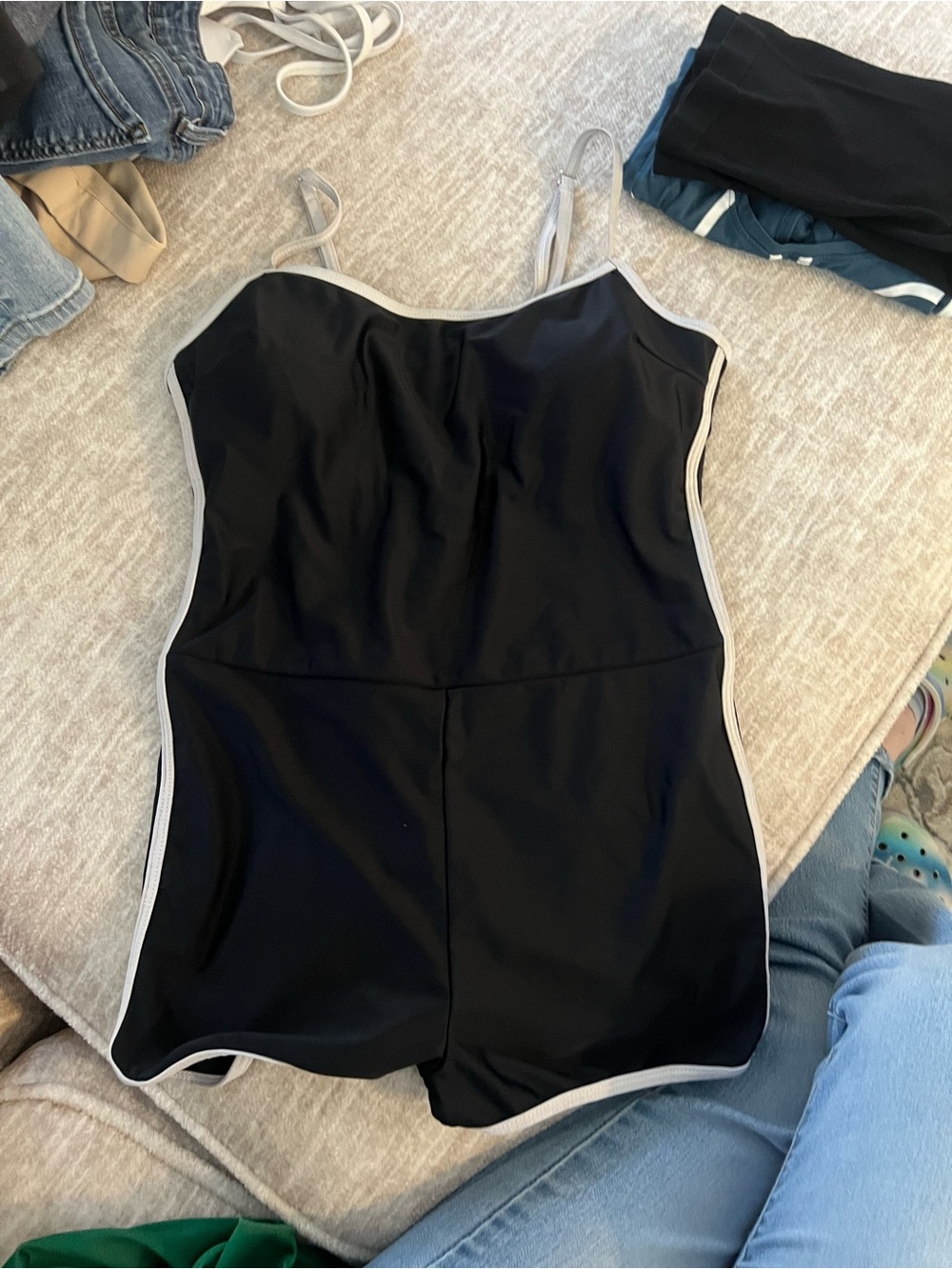 Black One-Piece Swim Suit with White Trim - Classic Fit